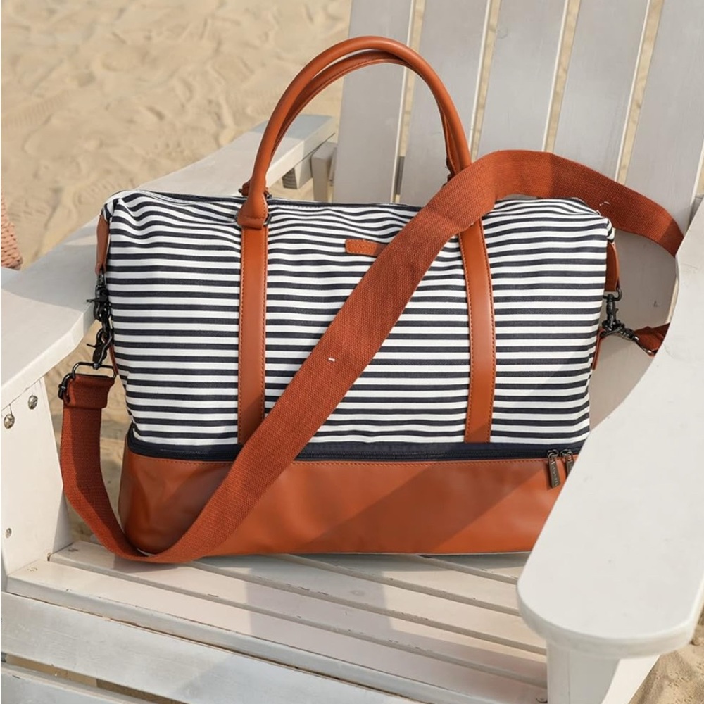 Canvas Weekender Carry-on ToteBag w/PU Leather Strap and Shoe Compartment